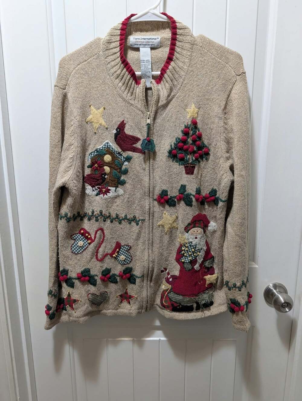 Tiara International Ugly Christmas Sweater Cardigan Santa Tree Birds Holly Sz XL